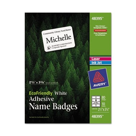 Avery, ECOFRIENDLY ADHESIVE NAME BADGE LABELS, 3.38 X 2.33, WHITE, 80PK